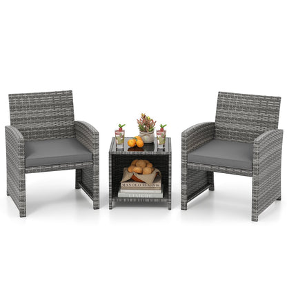 3 Pieces Patio Furniture Set with Tempered Glass Coffee Table and Soft Seat Cushions-Black