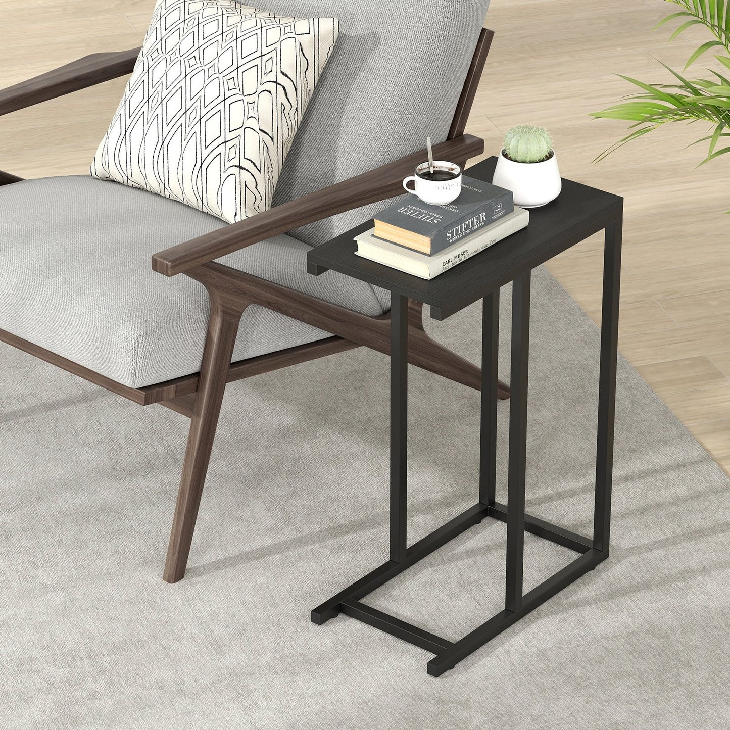 C-shaped Side Table with Heavy-duty Metal Frame-Black