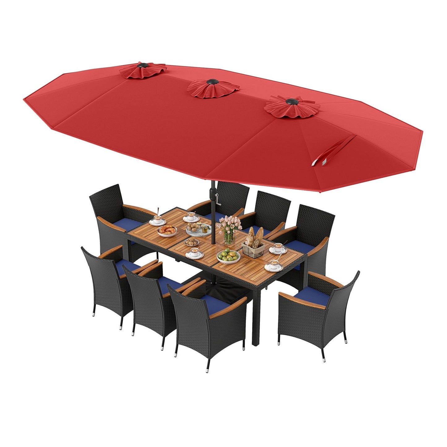 10 Piece Outdoor Patio Dining Set with 15 Feet Double-Sided Twin Umbrella-Beige