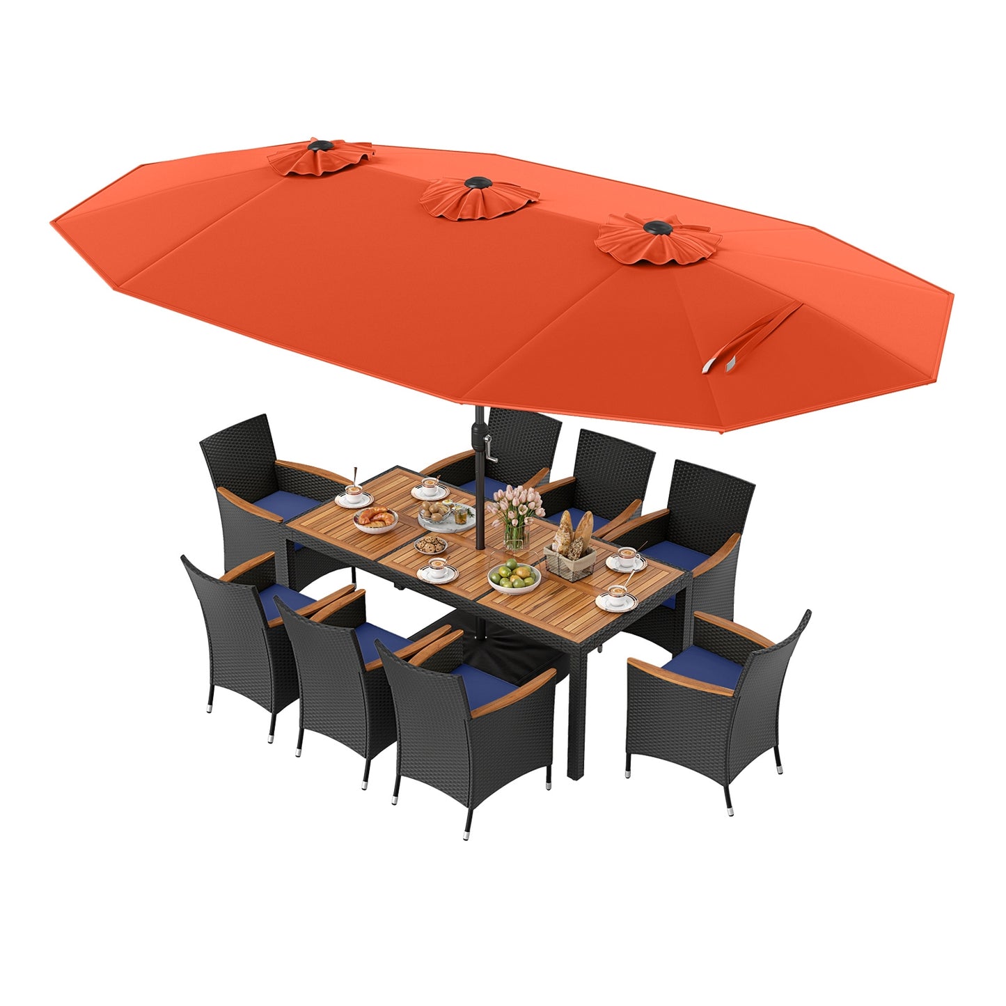 10 Piece Outdoor Patio Dining Set with 15 Feet Double-Sided Twin Umbrella-Beige