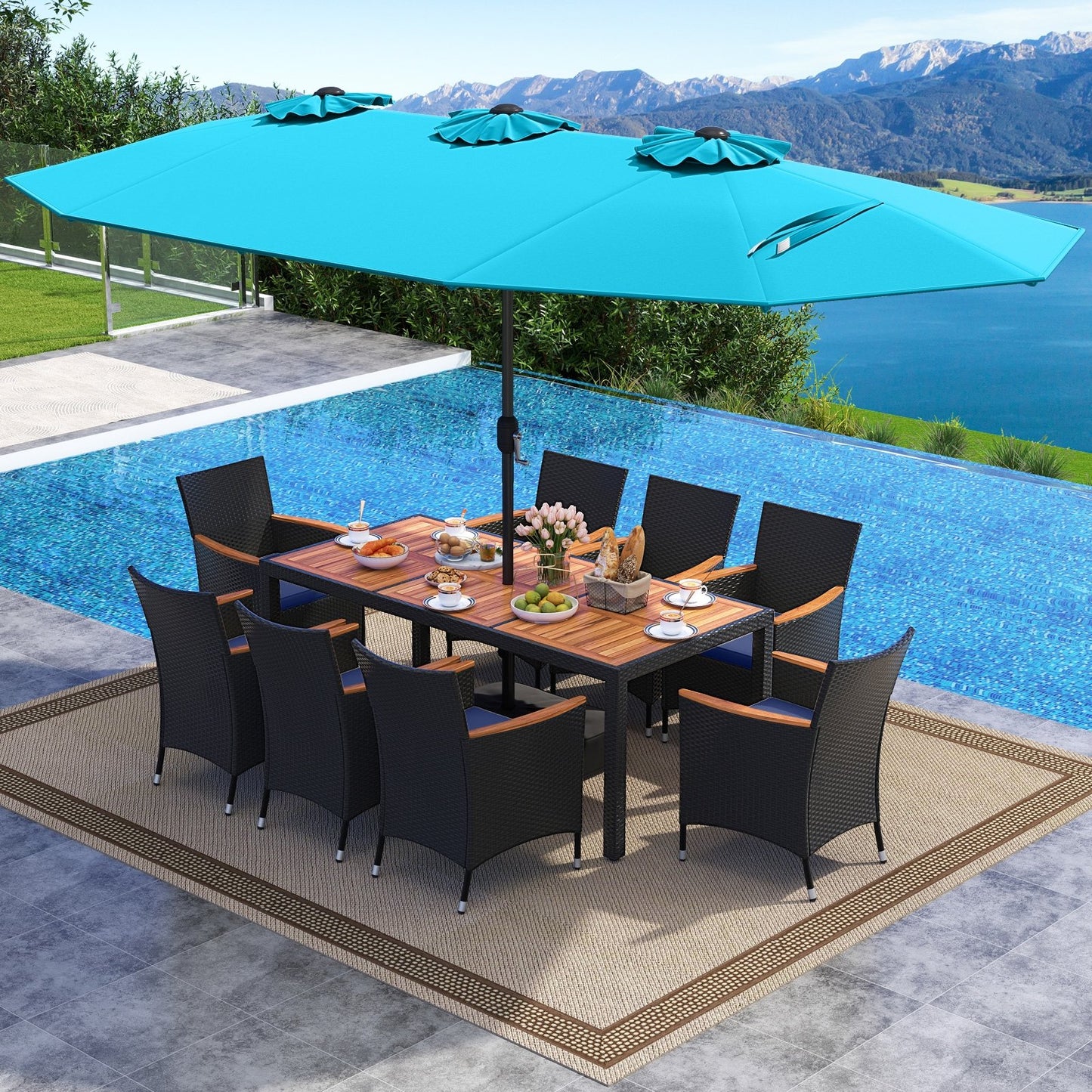 10 Piece Outdoor Patio Dining Set with 15 Feet Double-Sided Twin Umbrella-Beige