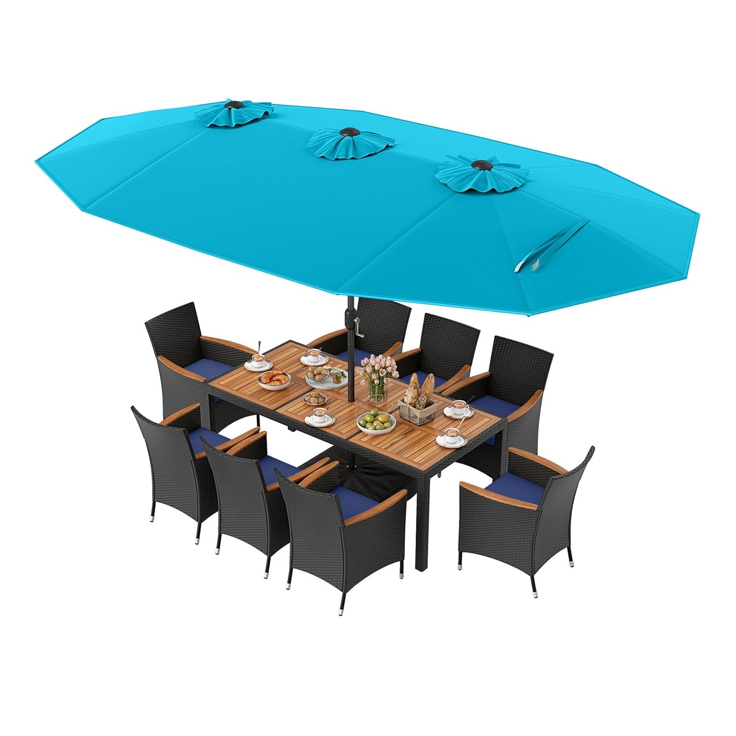 10 Piece Outdoor Patio Dining Set with 15 Feet Double-Sided Twin Umbrella-Beige