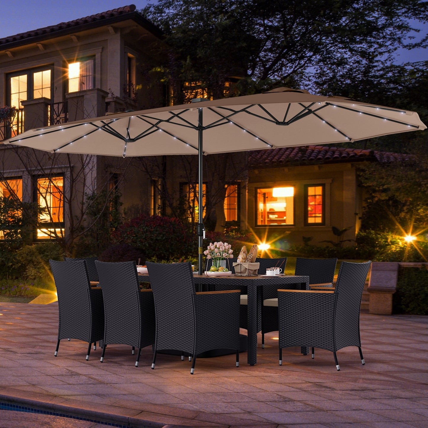 11 Pieces Patio Dining Set with LED Patio Umbrella with Base and Seat Cushions (Beige)-Beige