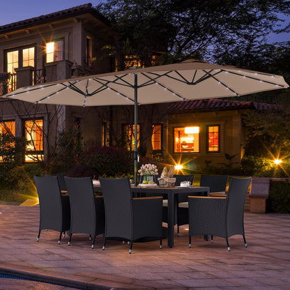 11 Pieces Patio Dining Set with LED Patio Umbrella with Base and Seat Cushions (Beige)-Beige