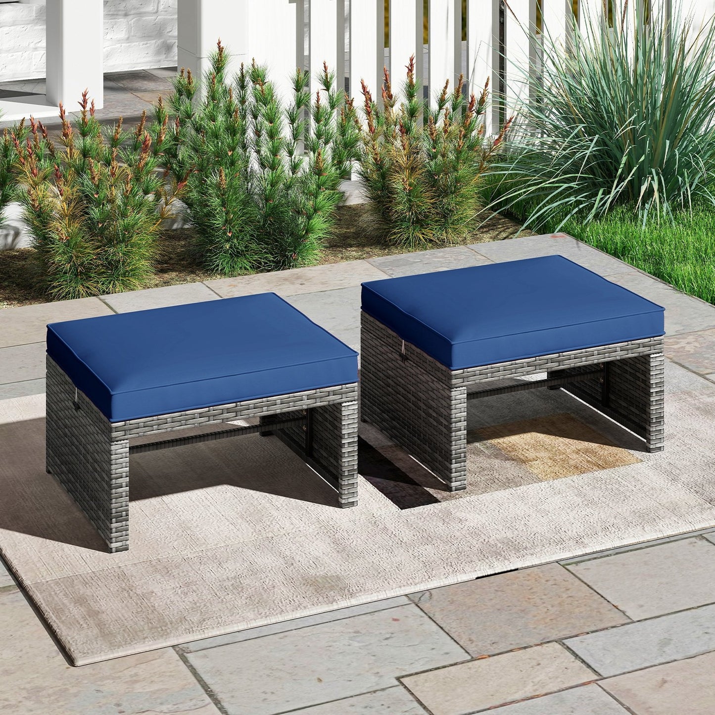 2 Pieces Patio PE Rattan Ottomans with Soft Zippered Cushions for Deck-Black