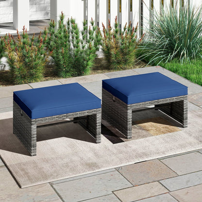 2 Pieces Patio PE Rattan Ottomans with Soft Zippered Cushions for Deck-Black