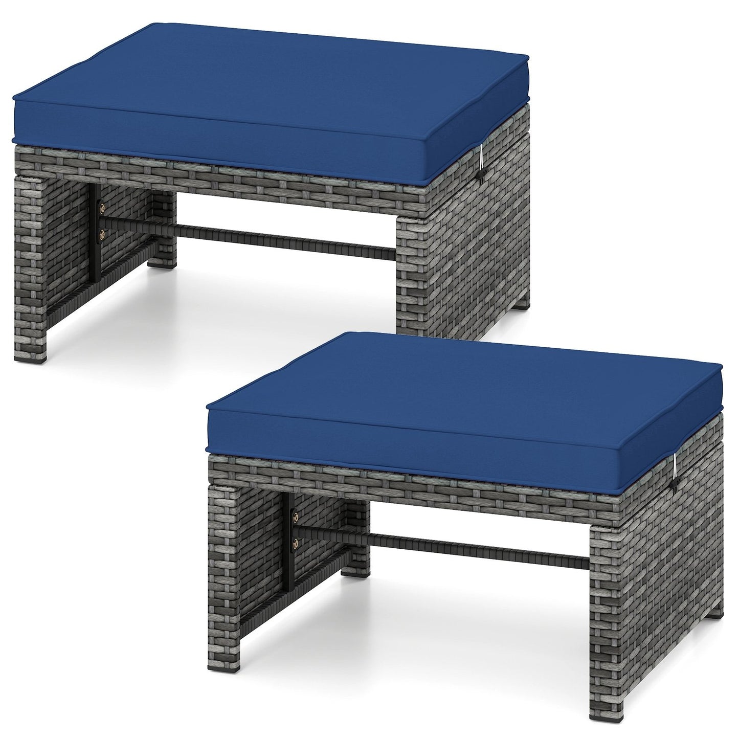 2 Pieces Patio PE Rattan Ottomans with Soft Zippered Cushions for Deck-Black