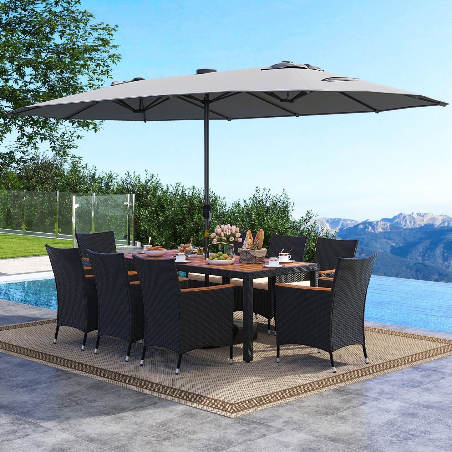11 Pieces Patio Dining Set with LED Patio Umbrella with Base and Seat Cushions (Beige)-Beige
