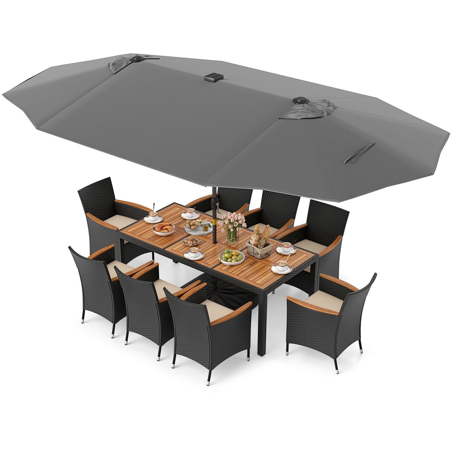 11 Pieces Patio Dining Set with LED Patio Umbrella with Base and Seat Cushions (Beige)-Beige
