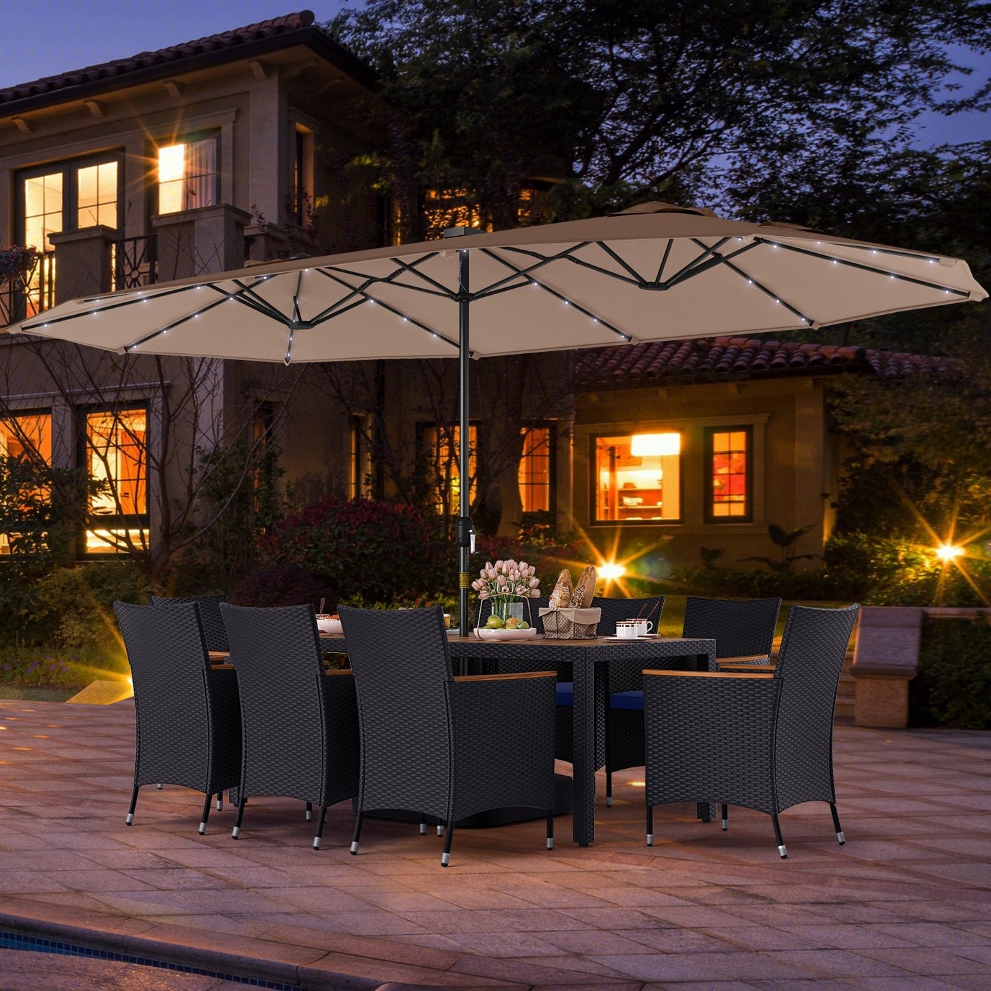 11 Pieces Patio Dining Set with LED Patio Umbrella with Base and Seat Cushions (Navy)-Beige