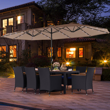 11 Pieces Patio Dining Set with LED Patio Umbrella with Base and Seat Cushions (Navy)-Beige