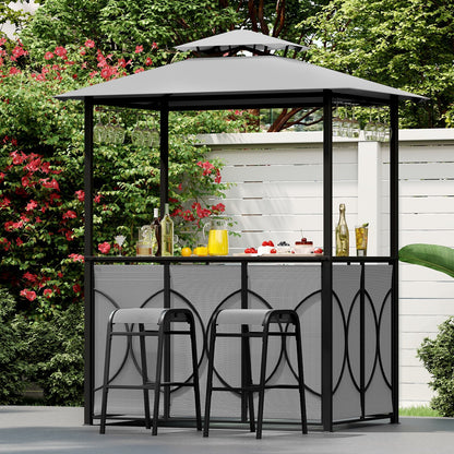 6.5 x 4 x 8 FT Grill Gazebo Set with 2 Bar Stools and Bar Table-Brown