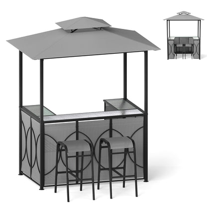 6.5 x 4 x 8 FT Grill Gazebo Set with 2 Bar Stools and Bar Table-Brown