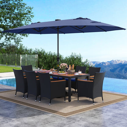 11 Pieces Patio Dining Set with LED Patio Umbrella with Base and Seat Cushions (Navy)-Beige