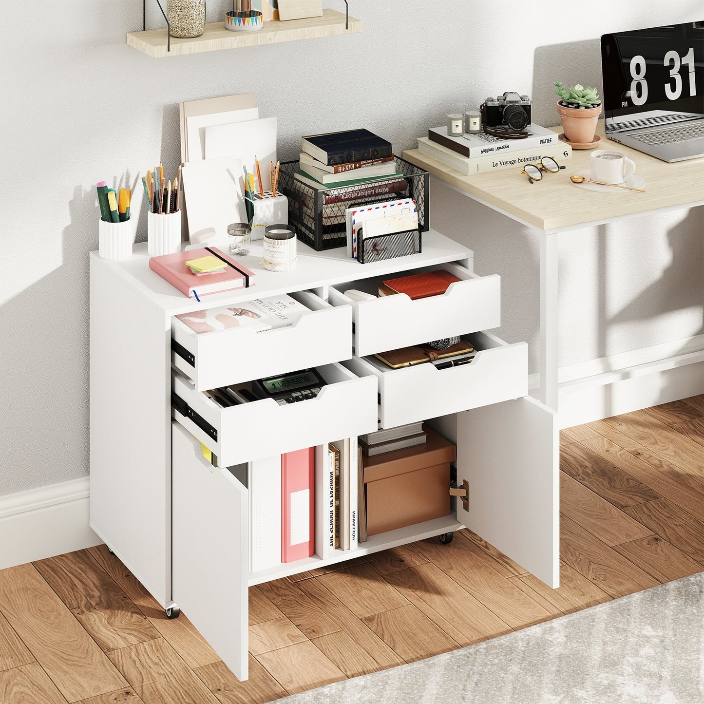 4 Drawer File Cabinet with Wheels for Home Office Organization-White