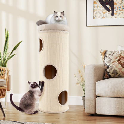 49 Inch Elevated Cat Cave 4-Story Cat House for Multiple Cats-Beige