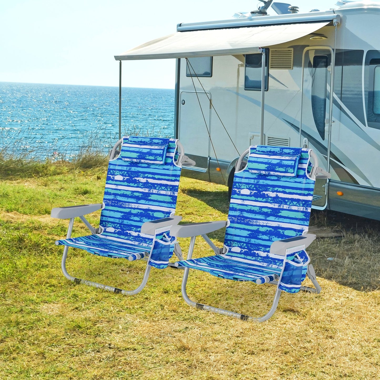 1 Piece Foldable Backpack Beach Chair with Cup Holder and Storage Pockets for Outdoor-Blue