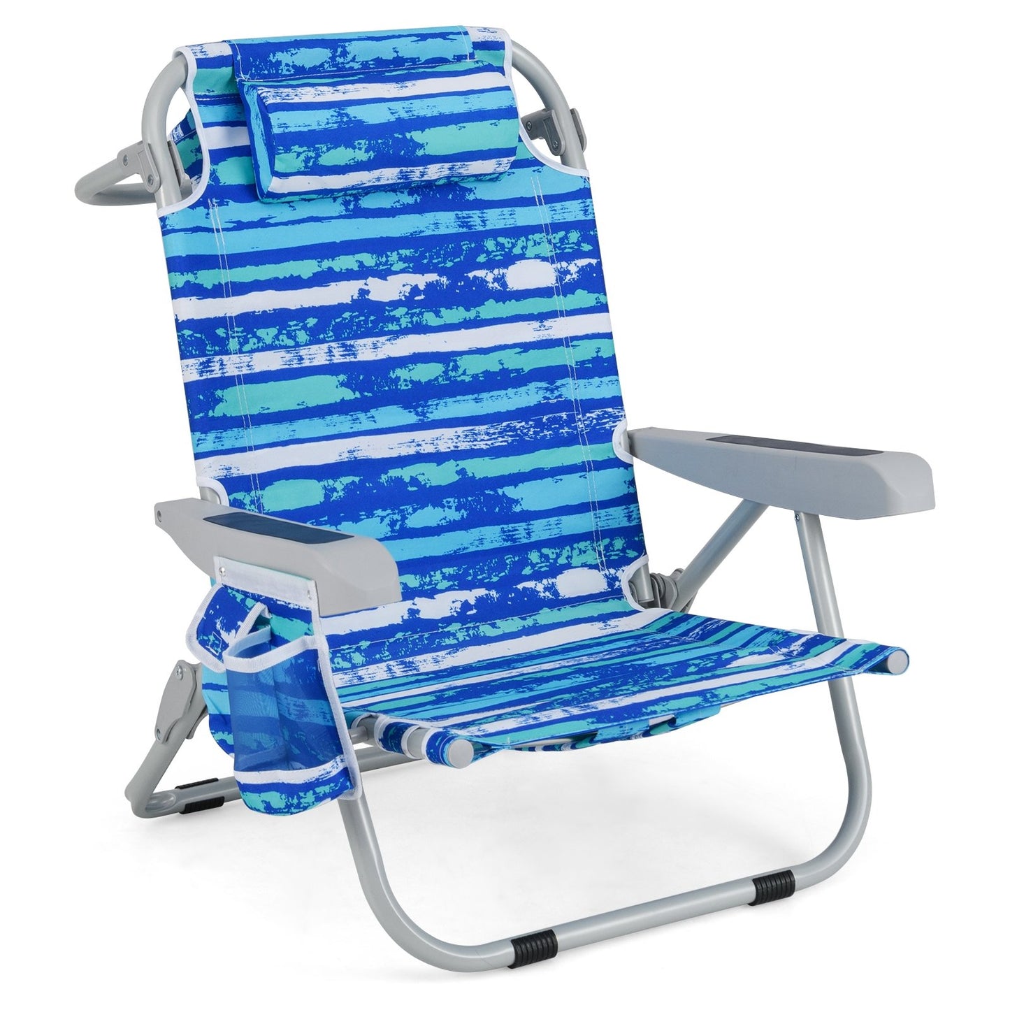 1 Piece Foldable Backpack Beach Chair with Cup Holder and Storage Pockets for Outdoor-Blue