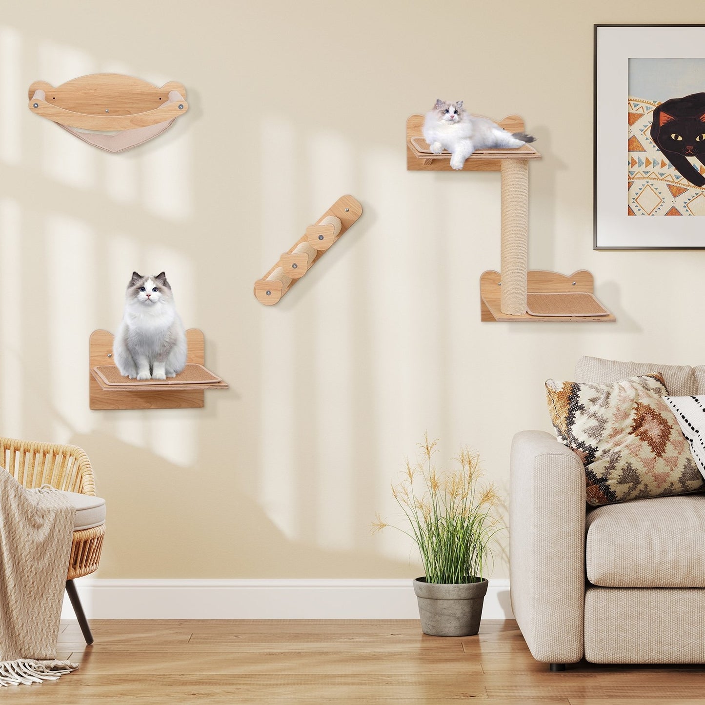 Cat Wall Furniture Set of 4 with Hammock 2-step Cat Tree and Perch-Natural