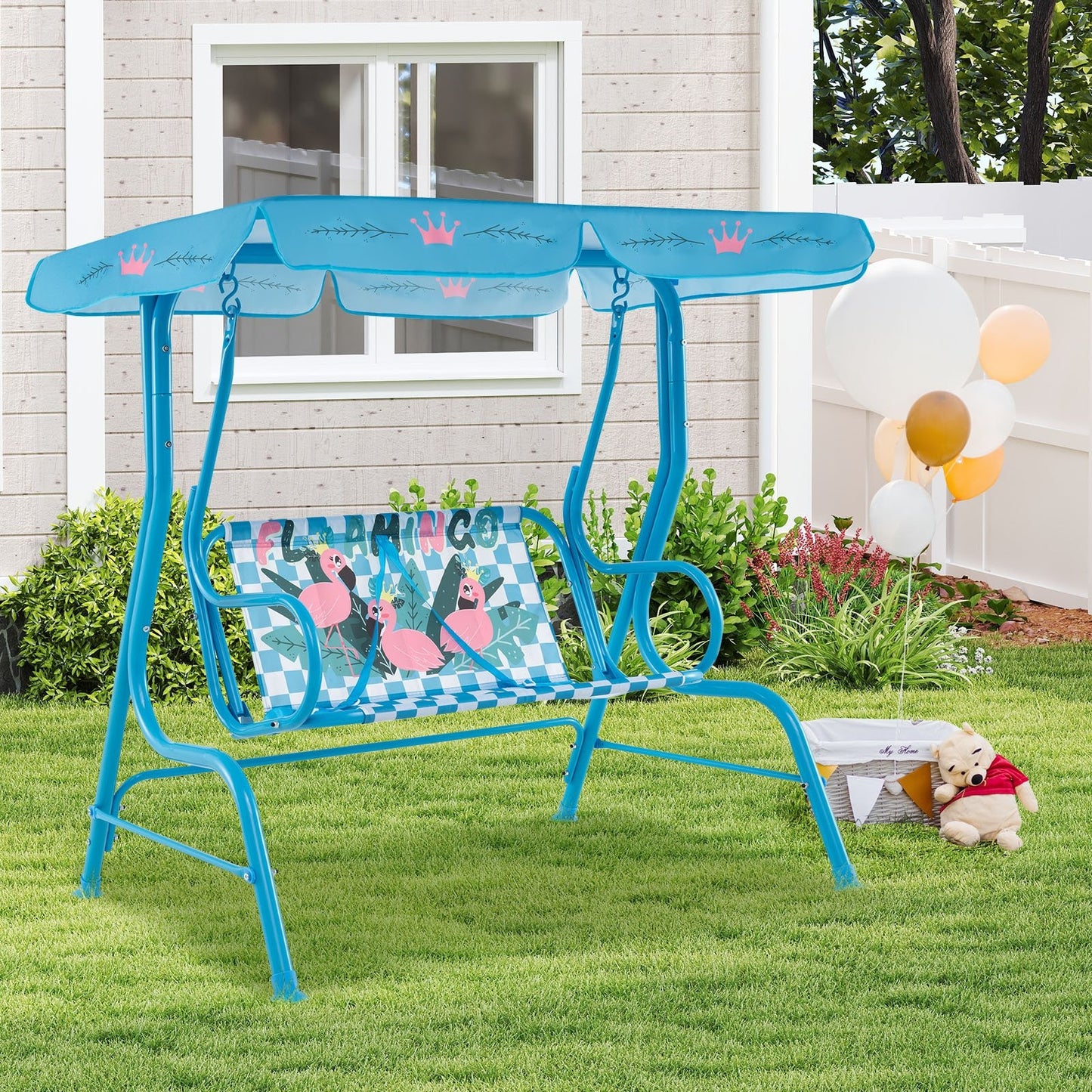 2-Seater Kids Patio Swing with Metal Stand and Adjustable Canopy-Bule