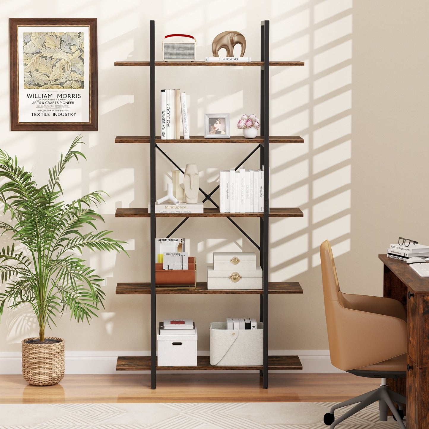 5-Tier 62 Inch Tall Vintage Industrial Bookcase with Open Storage Shelves-Rustic Brown