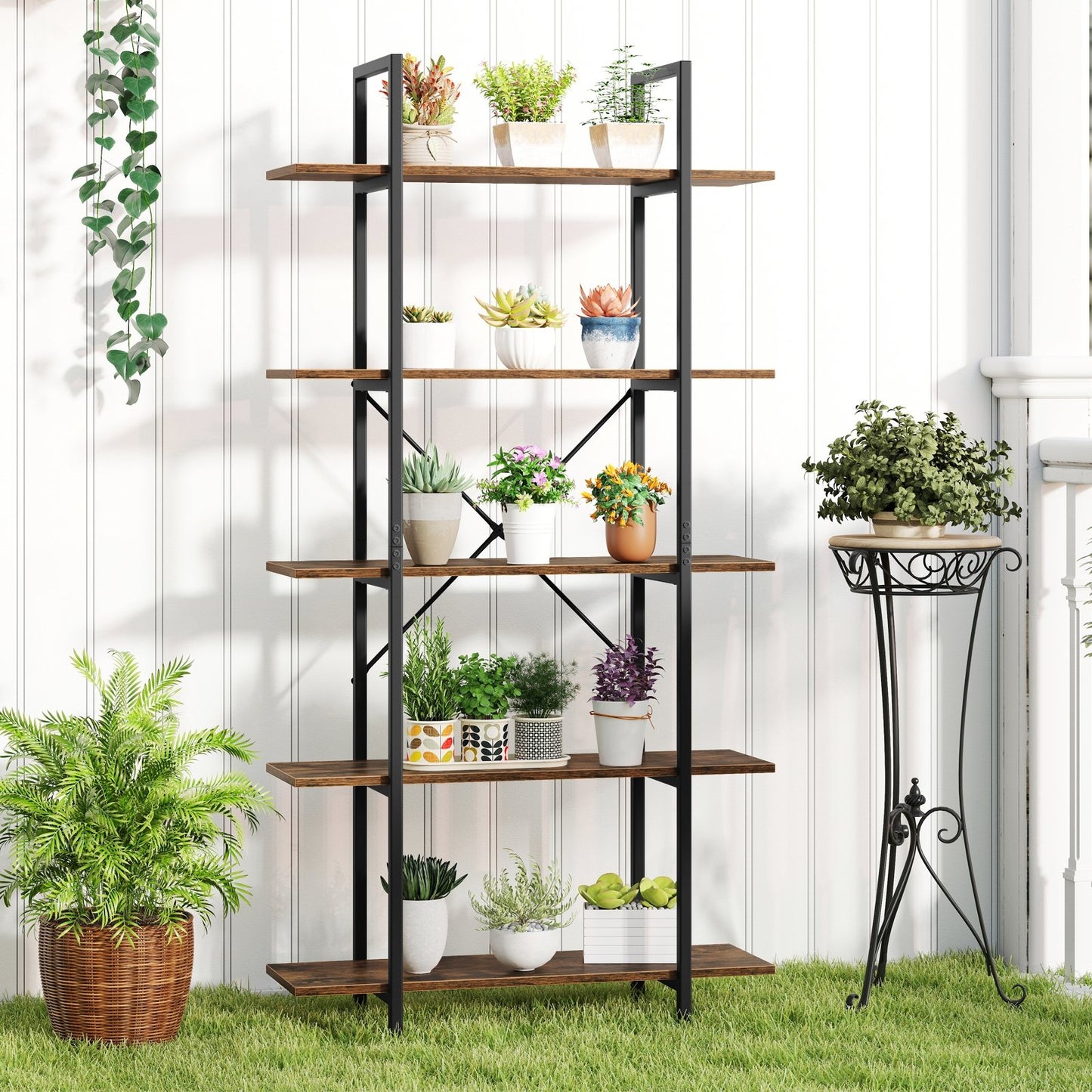 5-Tier 62 Inch Tall Vintage Industrial Bookcase with Open Storage Shelves-Rustic Brown