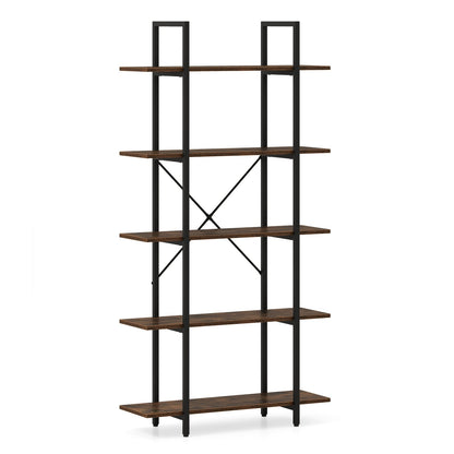 5-Tier 62 Inch Tall Vintage Industrial Bookcase with Open Storage Shelves-Rustic Brown