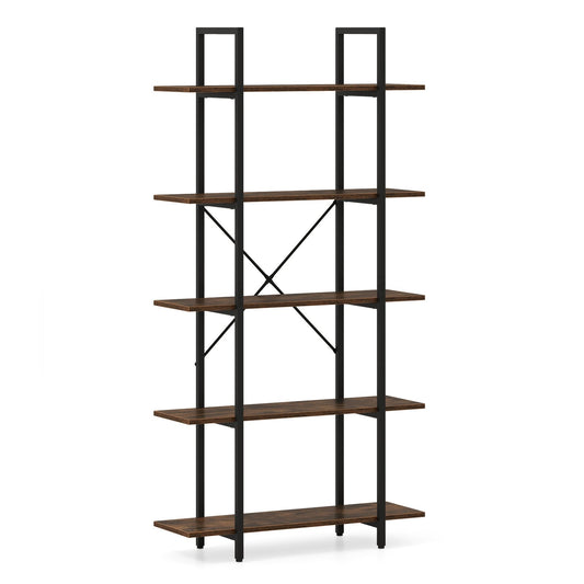 5-Tier 62 Inch Tall Vintage Industrial Bookcase with Open Storage Shelves-Rustic Brown