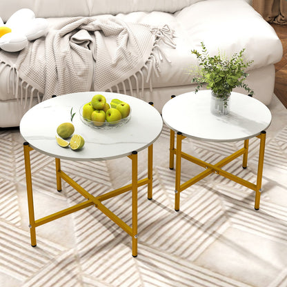 Round Coffee Table Set of 2 with Heavy-Duty Metal Frame-Rustic Brown