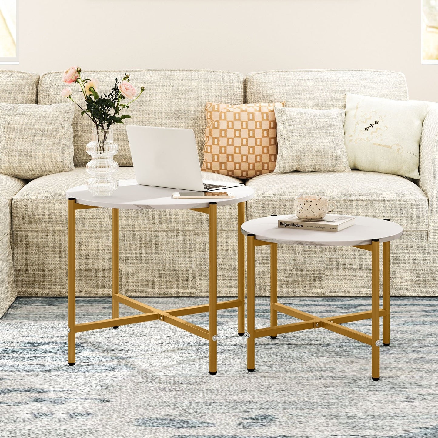 Round Coffee Table Set of 2 with Heavy-Duty Metal Frame-Rustic Brown