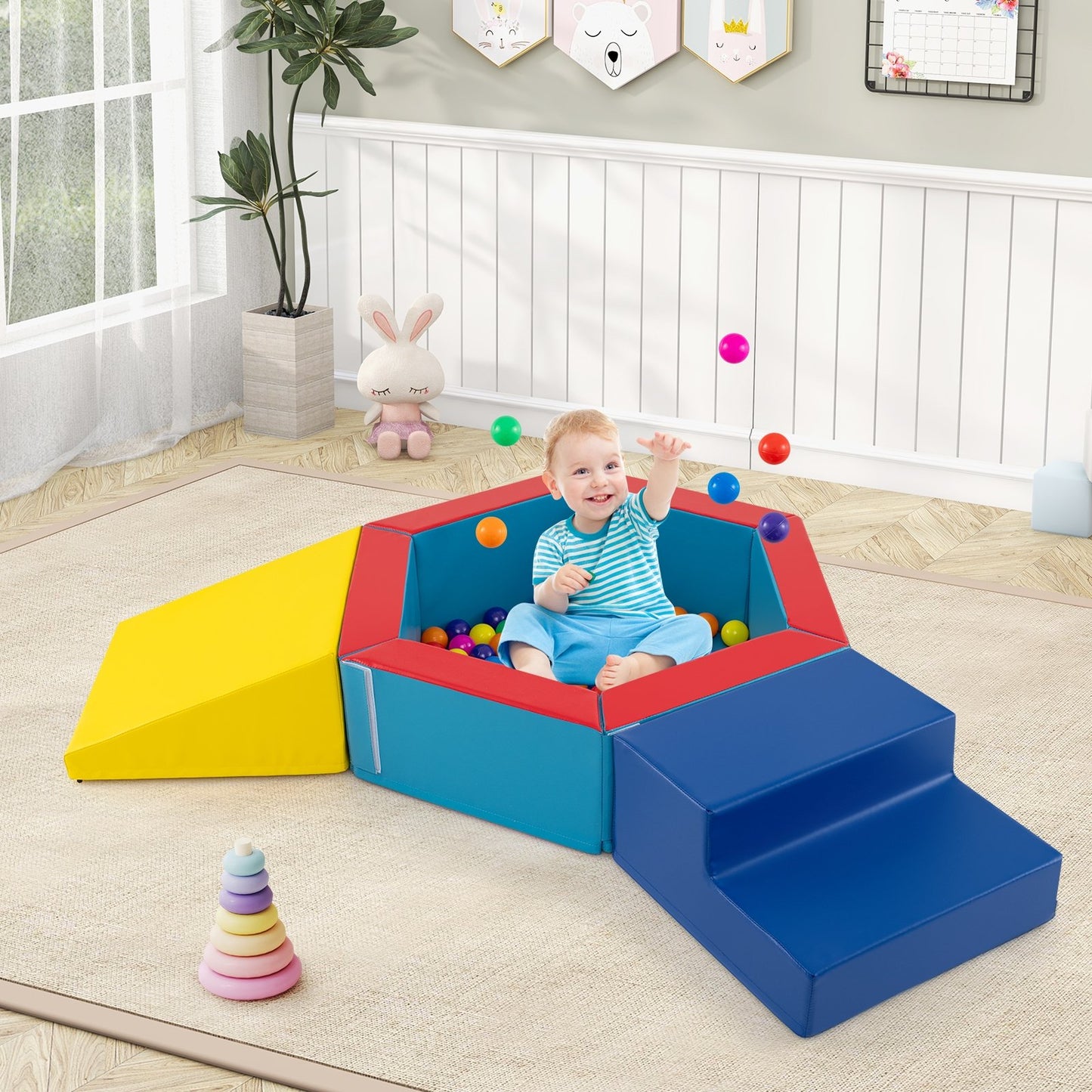 3-Piece Baby Foam Climbing Blocks Climb and Crawl Set with 100 Ocean Balls-Blue