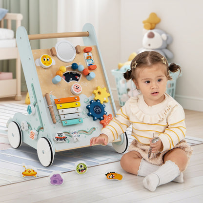 Wooden Baby Walker Push and Pull Learning Activity Center with Wheels for Toddlers 1+ Years Old-Blue