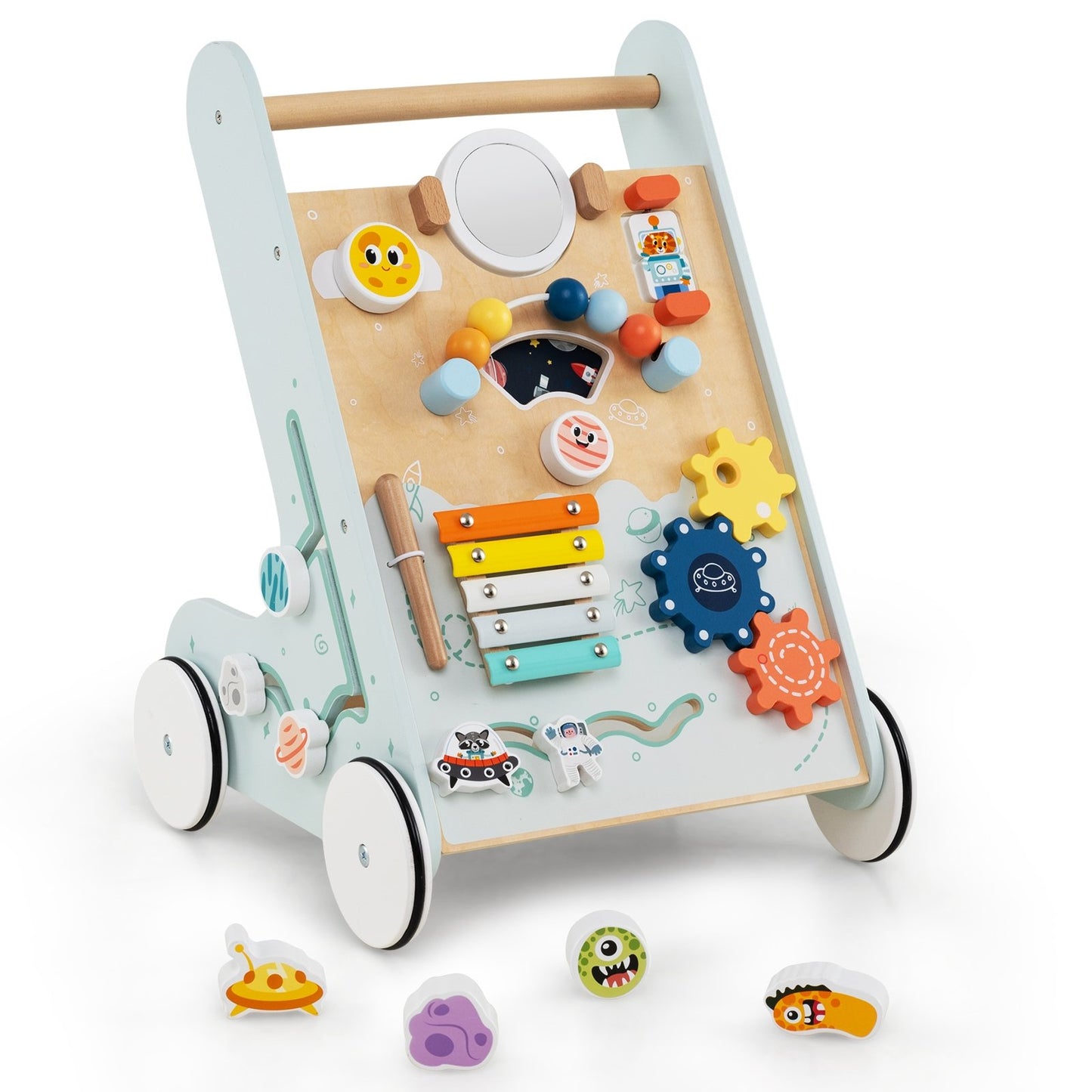Wooden Baby Walker Push and Pull Learning Activity Center with Wheels for Toddlers 1+ Years Old-Blue
