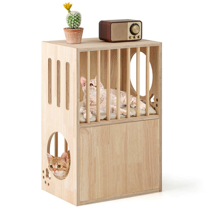 2-tier Wooden Cat Condo Indoor Symmetrical Cat House with Removable Cushions