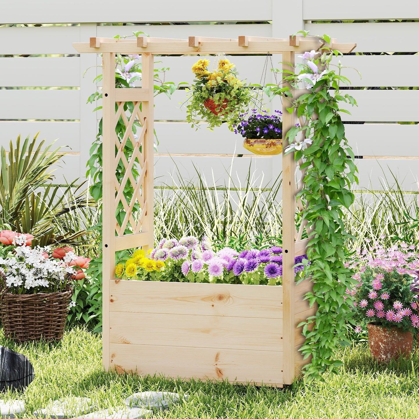 Raised Garden Bed Wooden Elevated Planter Box with Hanging Roof-L