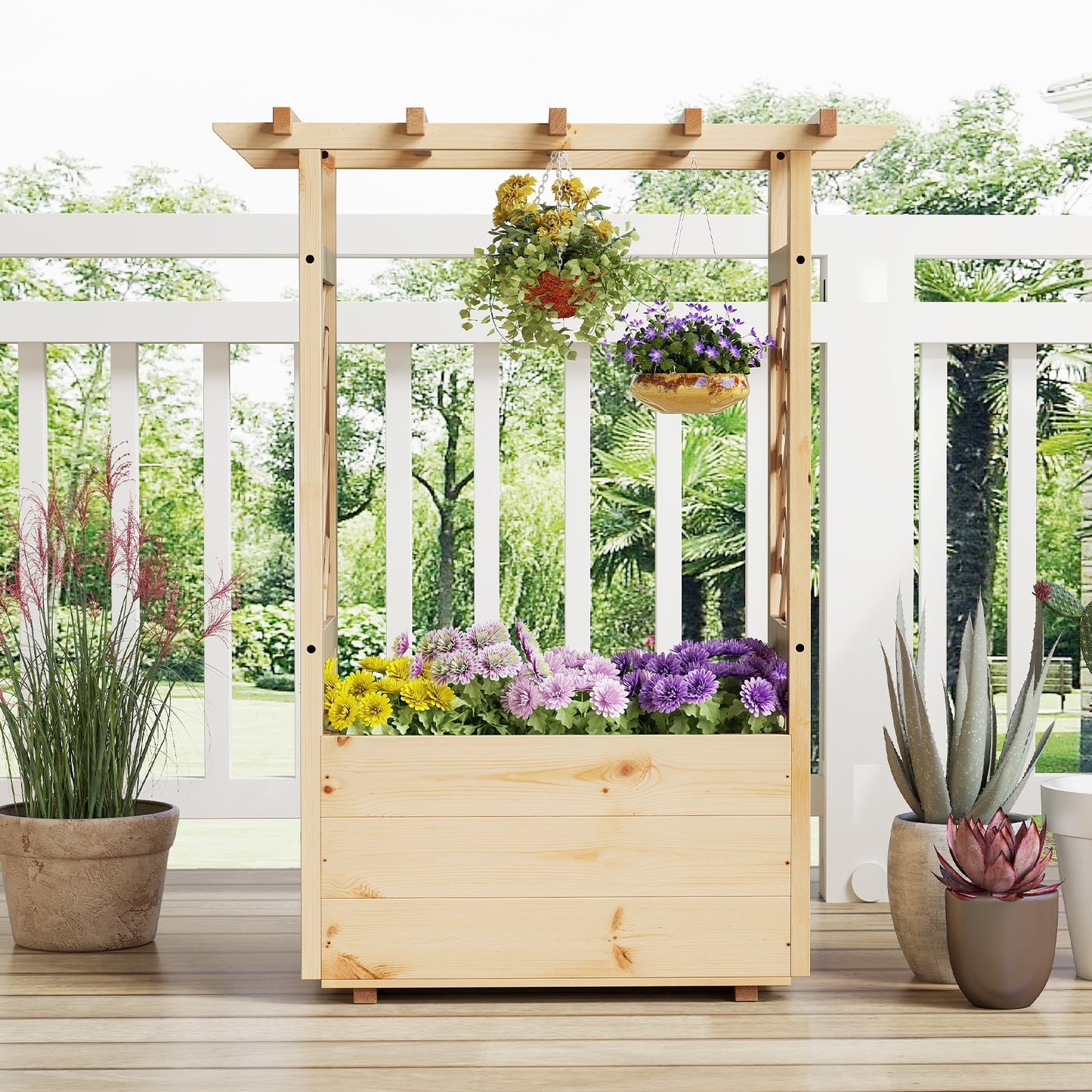 Wooden raised garden bed with hanging roof by Wilsons Home Store, outdoor elevated planter box for garden planting