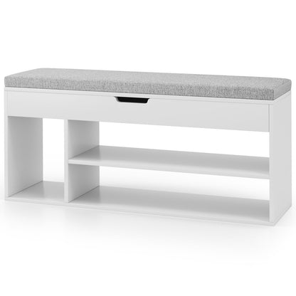 Padded Seat Shoe Bench with Hidden Storage and 3 Open Shelves-Coffee