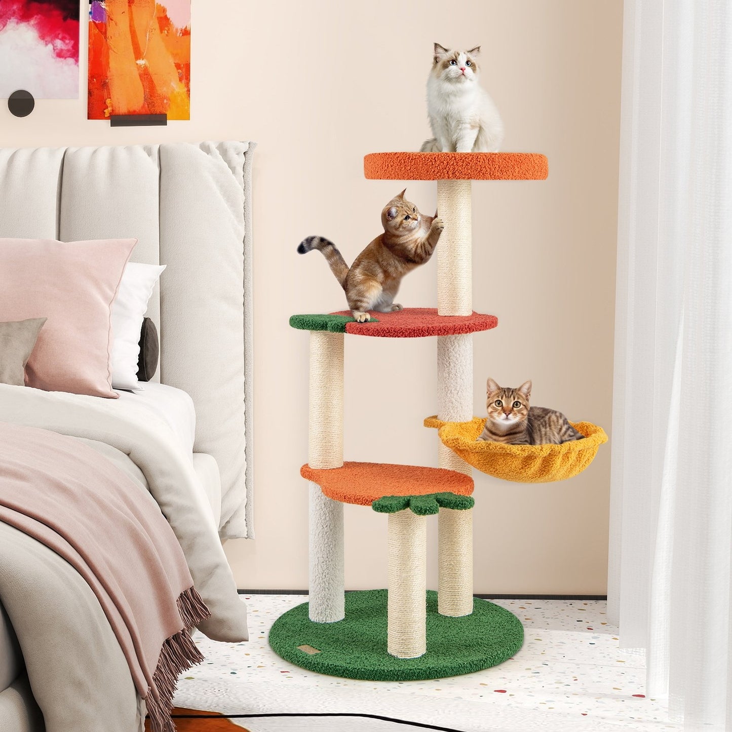 Multi-level Cat Tree Pet Activity Center with Fruit-shaped Platforms-Red and Orange