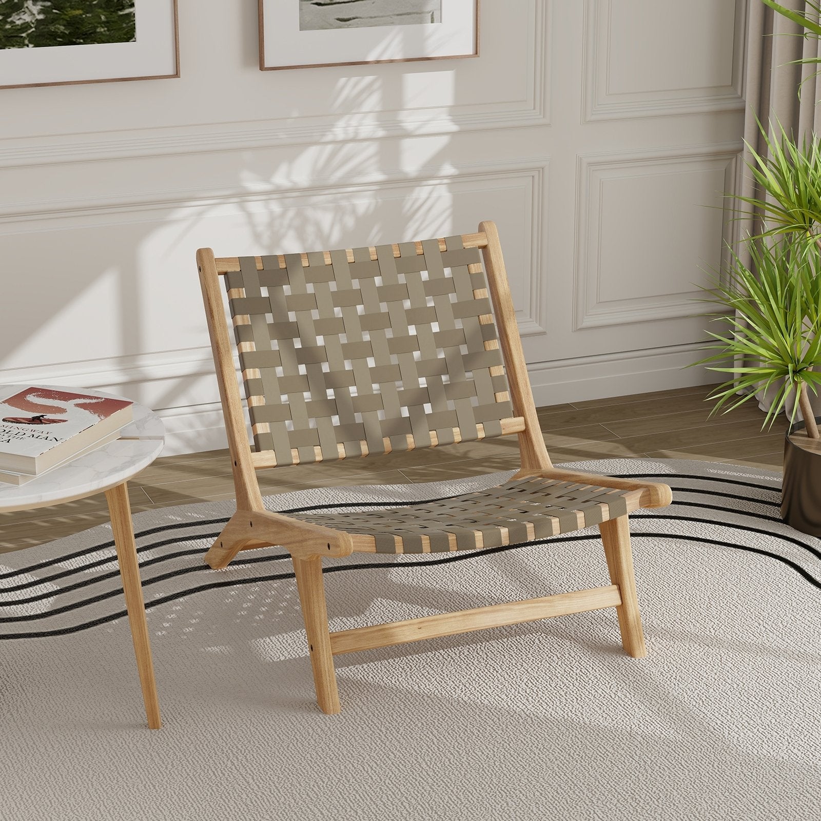 Modern black teak wood outdoor armless lounge chair with nylon woven backrest and seat, perfect for patio seating.