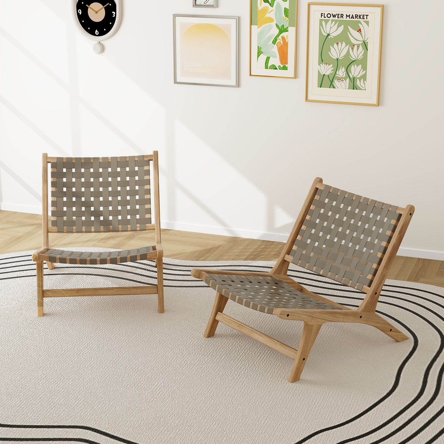 Modern black teak wood lounge chair with nylon woven backrest and seat, outdoor patio seating by Wilsons Home Store