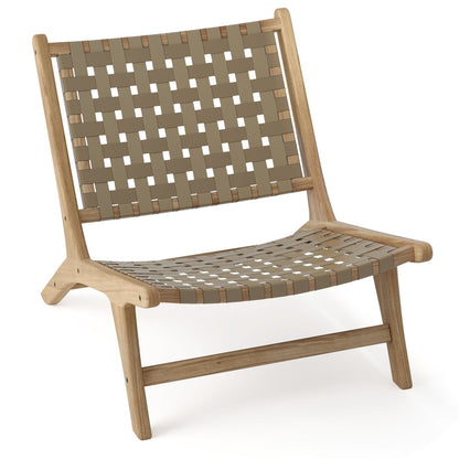 Modern black teak wood armless lounge chair with nylon woven backrest and seat for outdoor patio seating.