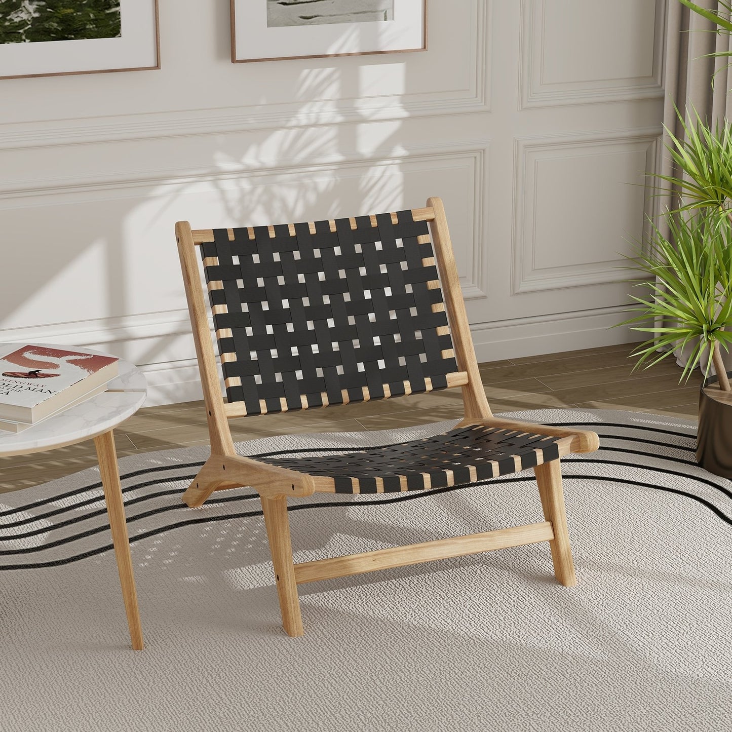 Black modern teak wood lounge chair with nylon woven backrest and seat, outdoor patio seating with armless design.