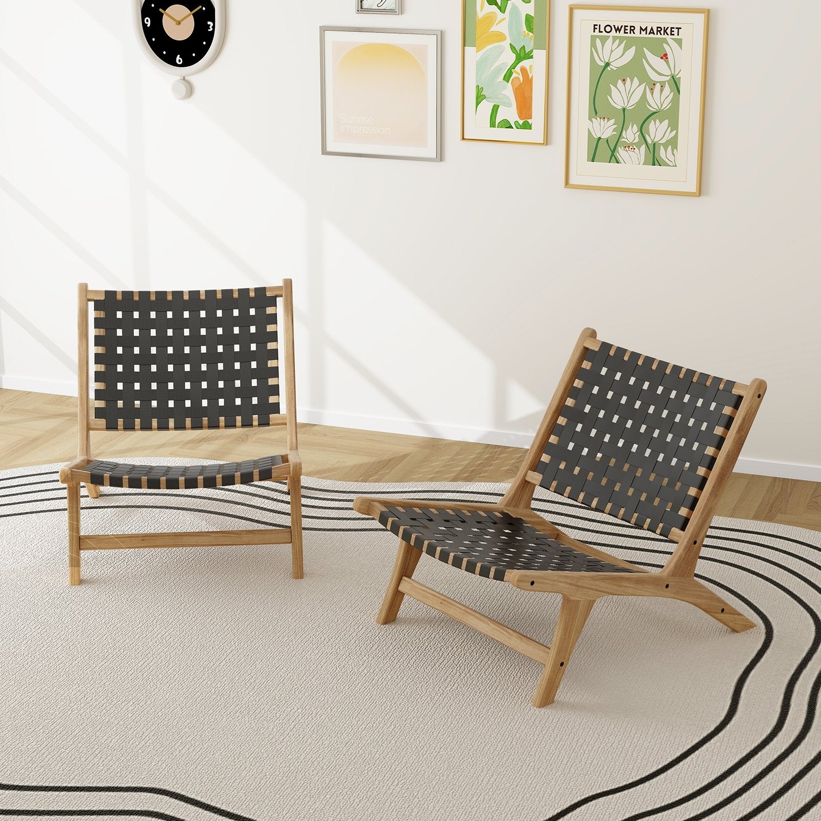 Modern black teak wood outdoor lounge chair with nylon woven backrest and seat, designed for patio seating and relaxation.