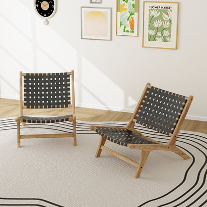 Modern black teak wood outdoor lounge chair with nylon woven backrest and seat, designed for patio seating and relaxation.