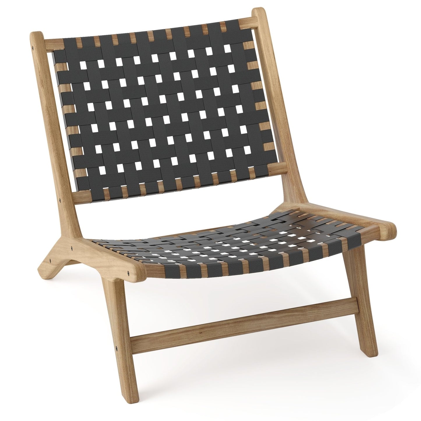 Modern armless teak wood lounge chair with nylon woven backrest and seat, perfect for outdoor patio seating.