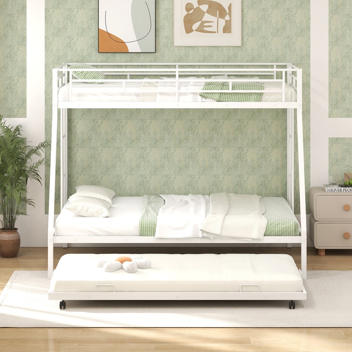 Twin Over Full Bunk Bed Frame with Trundle for Guest Room-Black