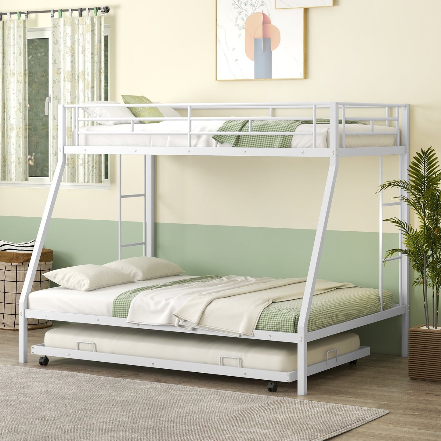 Twin Over Full Bunk Bed Frame with Trundle for Guest Room-Black