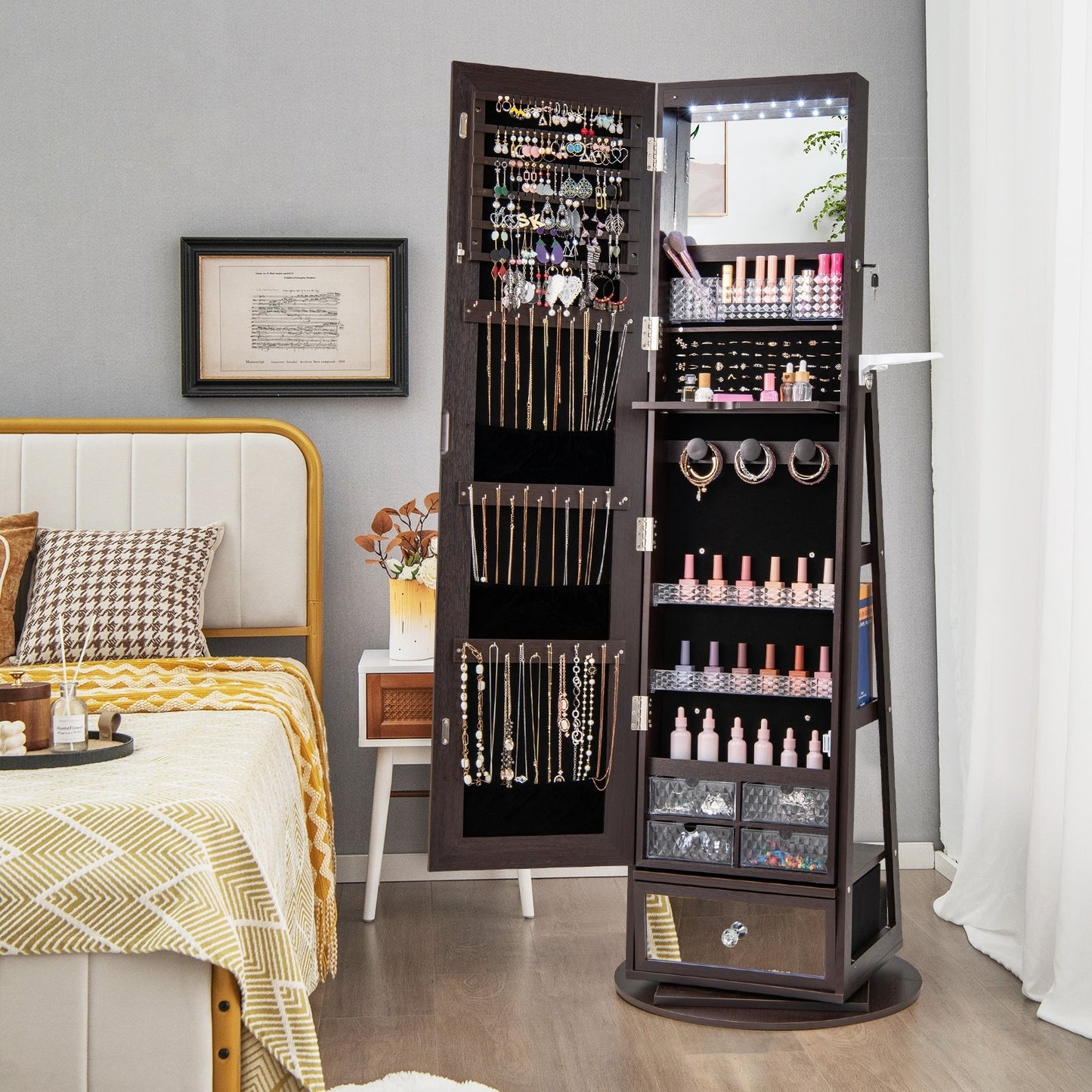 Lockable 360° Swivel Jewelry Cabinet with Full-Length Mirror LED Lights-Black