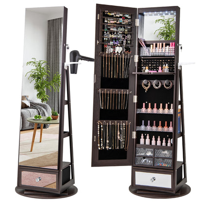 Lockable 360° Swivel Jewelry Cabinet with Full-Length Mirror LED Lights-Black