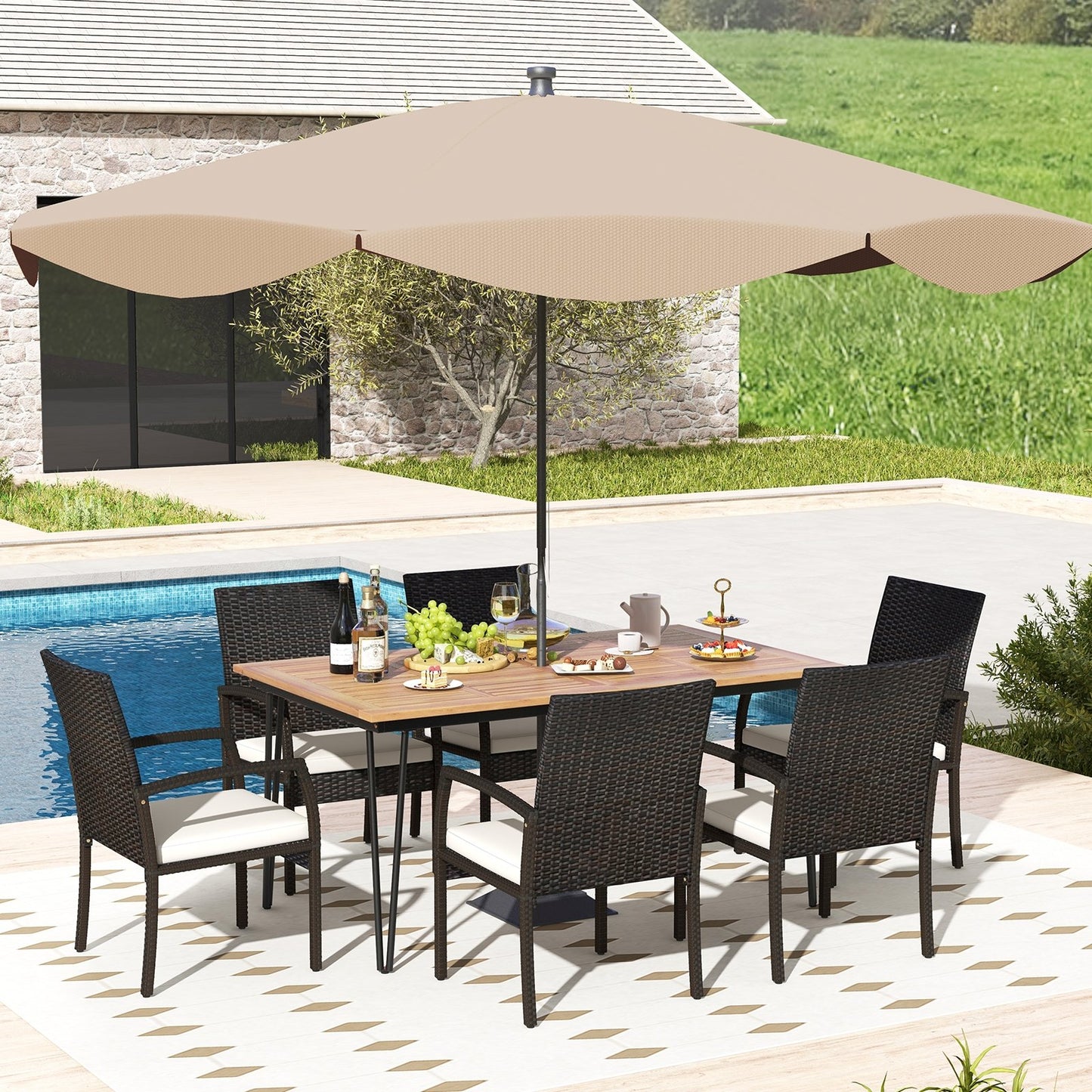 7 Pieces Patio Dining Set with Acacia Wood Dining Table for Porch Backyard Garden Poolside
